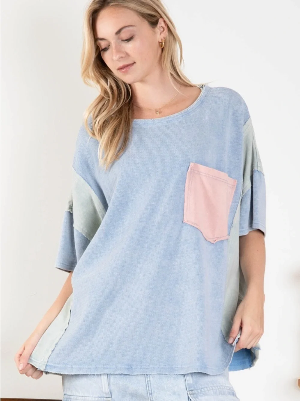 Bluevelvet peace patchwork top Light Blue Short Sleeve Tee with Pink Peace Patch - Picture 2 of 2
